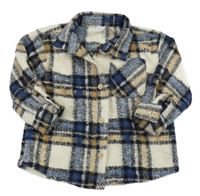 Béžovo-tmavomodrá kostkovaná vlněná košilová bunda 