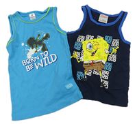 2set - 2x modré tílko - se Spongebobem + s chlapcem a nápisem 