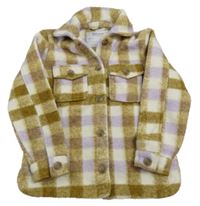 Olivovo-lila-bílá kostkovaná huňatá košilová bunda Nutmeg