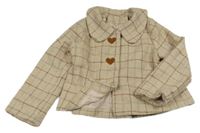Béžovo-hnědo-modrý kostkovaný crop podšitý kabátek se srdíčky 