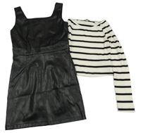 2set - Černé koženkové zateplené šaty + Bílo-černé pruhované žebrované crop triko Primark