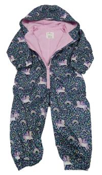 Tmavomodro-růžovo-barevná květovaná šusťáková jarní lehce zateplená kombinéza s jednorožci a kapucí Matalan