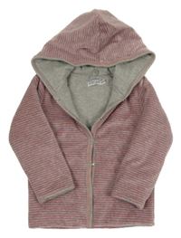 Šedo-růžová pruhovaná sametová zateplená propínací mikina s kapucí 