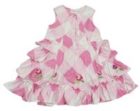 Růžovo-bílé kárované šaty s kytičkami