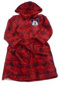 Červeno-modrý kostkovaný chlupatý župan s Mickey Mousem a kapucí Disney
