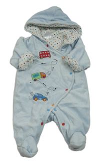 Světlemodrá sametová zateplená kombinéza s auty a kapucí 