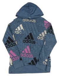 Modrá vzorovaná mikina s potiskem a kapucí Adidas 