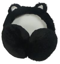 Černé chlupaté klapky na uši s oušky - kočička