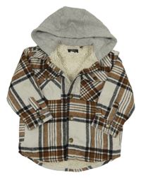 Hnědo-bílo-černá kostkovaná košilová zateplená bunda s kapucí Next