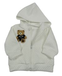 Bílá 3D vzorovaná propínací mikina s medvídkem a kapucí 