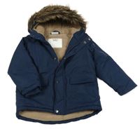 Tmavomodrá šusťáková zimní bunda s nápisem a kapucí 