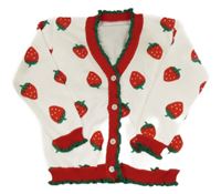 Bílý propínací svetr s jahodami a červeným lemem 