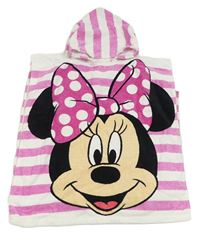 Růžovo-bílé pruhované froté osuškové pončo s kapucí a Minnie Disney