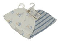 Nové - 2x - Bílá s medvídky + světlemodro-modrá pruhovaná bavlněná čepice Mothercare