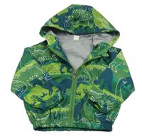 Zelená šusťáková jarní bunda s dinosaury a kapucí