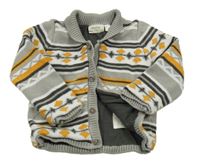 Šedo-bílo-okrový vzorovaný podšitý propínací svetr Lupilu