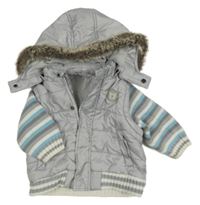 Světlešedá kostkovaná prošívaná šusťáková zateplená vesta s medvídkem a pruhovanými pletenými rukávy a kapucí s kožešinou coolclub