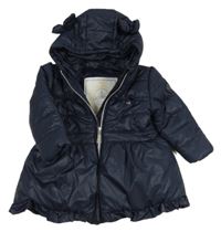 Tmavomodrá prošívaná šusťáková zimní parka s volánkem a kapucí s oušky Le Chic