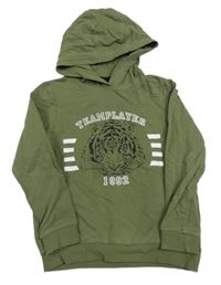 Khaki mikina s tygrem a číslem a nápisem a kapucí lupilu