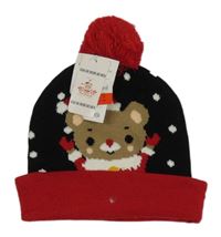 Nové - černo-červená čepice s medvídkem a puntíky a bambulí C&A