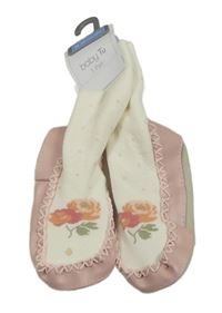Nové - starorůžové koženkovo/semišové capáčky se smetanovou ponožkou s růží Tu vel. 22