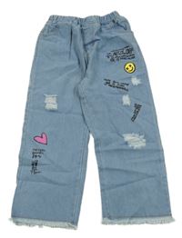 Světlemodré wide leg rifle s nápisy a smajlíkem a srdíčkem a prošoupáním