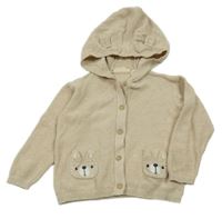 Béžový melírovaný propínací svetr s medvídky/kapsami a kapucí s oušky lupilu