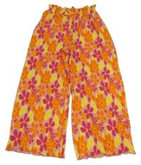 Růžovo-malinovo-oranžovo-žluté květované žebrované paper bag bag široké kalhoty s mašlí PRIMARK