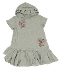 Šedé melírované teplákové šaty s kytičkami a volánkem a kapucí H&M