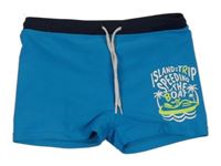 Modro-tmavomodré nohavičkové plavky s nápisy a palmami Topolino