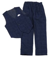 2Set - Tmavomodré kostkované společenské kalhoty + vesta