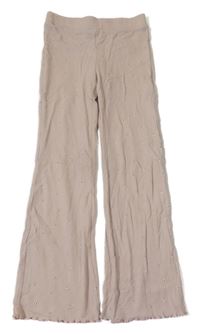 Světlebéžové žebrované flare kalhoty s květy H&M