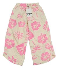 Krémové květované bavlněné culottes kalhoty s palmami Zara