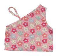 Růžový květovaný žebrovaný crop top Shein
