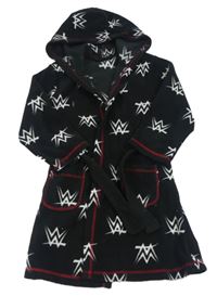 Černý fleecový župan s logy wrestlingu a kapucí