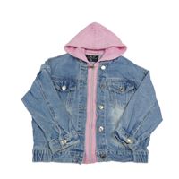 Modro-růžová riflovo/tepláková bunda s kapucí