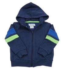 Tmavomodrá propínací mikina s pruhy na rukávech a kapucí