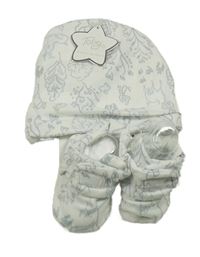 Nové - 2set - Bílá čepice s listy a zvířaty + bavlněné capáčky