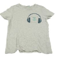 Světlešedé melírované tričko se sluchátky a kapsou Alive