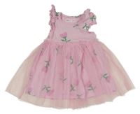 Růžové květované bavlněno/tylové šaty Sinsay