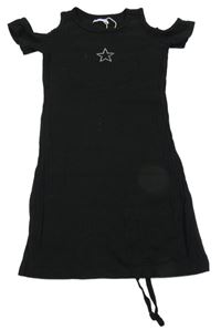 Černé žebrované elastické šaty s hvězdou z kamínků a průstřihy Sinsay