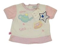 Nové - Bílo-růžové sametové tričko s konvicí a hrnkem