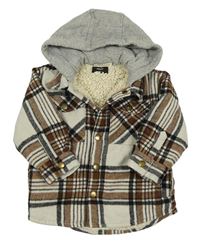 Béžovo-hnědo-černá kostkovaná zateplená košilová bunda s teplákovou kapucí Next