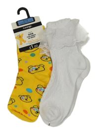 2x ponožky - hořčicové puntíkaté s Pudseym + bílé s volánky