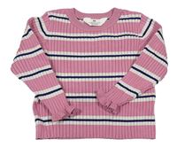 Růžovo-smetanovo-tmavomodrý žebrovaný pruhovaný svetr H&M