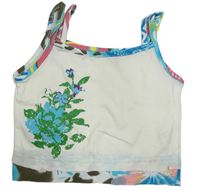 Bílý crop top s květinou a barevným lemem 