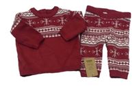 Nové - 2 set - rubínovo-bílý svetr s vločkami + vzorované pletené kalhoty George