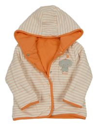 Bílo-oranžová pruhovaná propínací zateplená oboustranná mikina se slonem a kapucí 