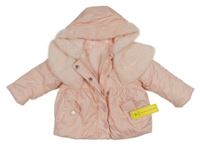 Nové - světlerůžová šusťáková zateplená bunda s kožešinou a kapucí shein
