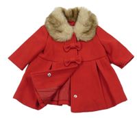 Červený flaušový kabát s kožešinovým límcem F&F